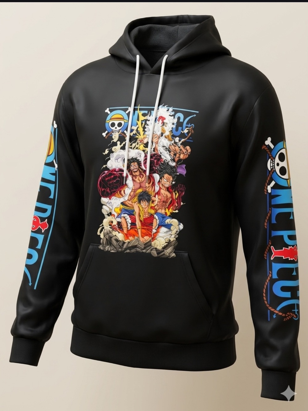 Onepiece Black Graphic Pullover Hoodie with Colorful Anime Print unisex oversize